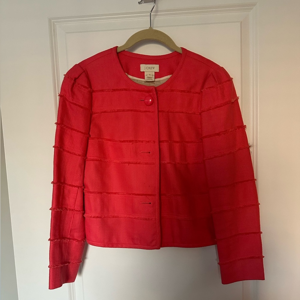J.Crew Frayed Crop Blazer Jacket Size 2 Pink Cotton Blend